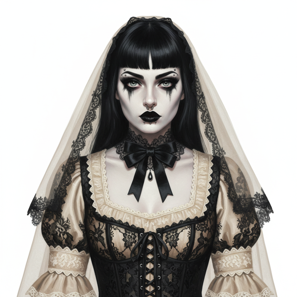 cute caricarutre  Portrait of a gothic-inspired woman with a pale complexion, striking black hair with dull bangs and intense dark eye makeup with dramatic eyeliner and smoky eyeshadow. She features bold black lipstick and facial piercings, including a septum ring and multiple face studs. She wears a vintage-inspired lace-trimmed beige dress with black lace accents, a black bow at the neckline, and a corset-style bodice with black lacing. A delicate black lace collar with pendant adorns her neck. She also wears a transparent beige veil with black lace trim draped over her head and shoulders.    oil painting, white background