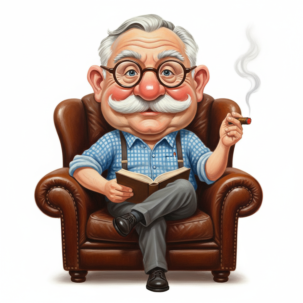 cute caricature older man sitting comfortably in a plush brown leather armchair. He has a large, round face with expressive, wide-open eyes behind oversized round glasses, bushy white eyebrows, and a distinctive white mustache. His hair is gray, combed back, and he has a slightly wrinkled face. He wears a blue checked shirt with rolled-up sleeves, gray trousers, and suspenders. The man holds an open book on his lap with his left hand and a lit cigar with his right hand, from which smoke gently billows upwards. He has a relaxed posture with one leg crossed over the other.   oil painting, white background