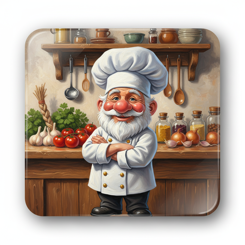 cute caricature glossy acrylic oil, full body view, cheerful gnome cook standing in a cozy kitchen. The gnome wears a traditional white cooking coat with gold buttons and a tall, puffy white cooking hat. He has a round, rosy nose, a white beard and a friendly expression, his arms crossed in front of him. In the background is a rustic wooden kitchen counter with various fresh vegetables, herbs, and cooking utensils, including garlic, onions, tomatoes, and spice jars. Above the counter is a wooden shelf with additional ingredients, cooking utensils, and hanging utensils such as ladles, spatulas, and spoons.  oil painting, white background
