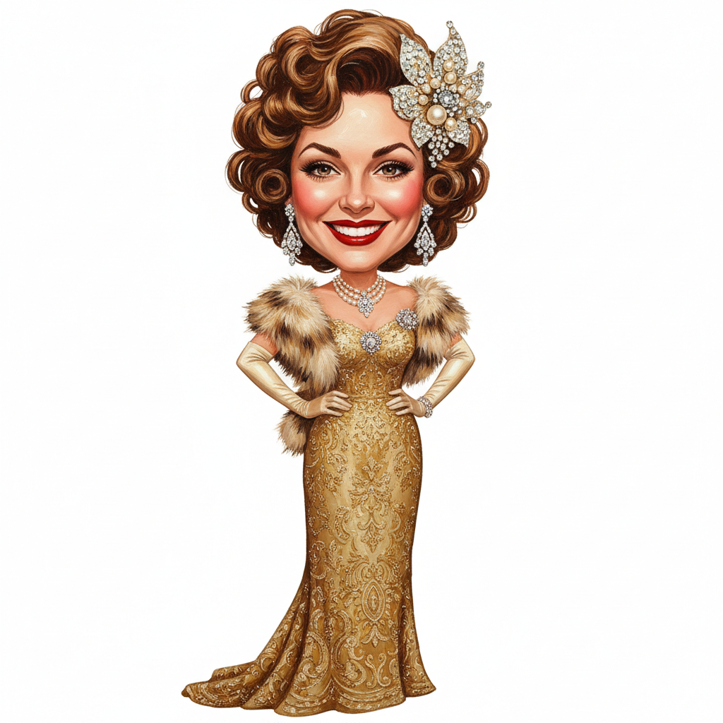 cute caricature glossy acrylic oil, full body view, A glamorous, vintage 1940s-style woman with elegant, curly hair adorned with a large, sparkling floral hair accessory. She features striking makeup with bold red lipstick, defined eyebrows, and subtle eye makeup. She wears luxurious pearl and diamond jewelry, including a layered necklace, chandelier earrings, and a decorative brooch. She wears a glamorous, elaborate gold dress with elaborate lace details, complemented by long satin gloves. Draped over her shoulders is a plush, luxurious fur stole in beige and brown tones  oil painting, white background