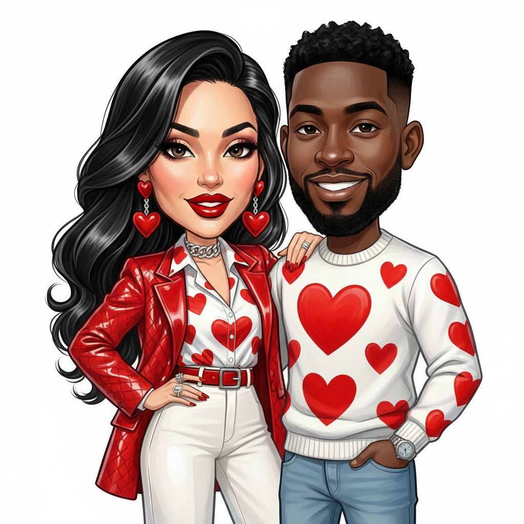 cute caricature glossy acrylic oil, full body view, Couple standing together. The woman has long, flowing, shiny black hair styled in waves, with striking makeup, including bold red lipstick, shimmering eye makeup, and large red statement earrings. She wears a white blouse with red hearts, high-waisted white trousers, and a red patent leather blazer with a lattice pattern. Accessories include a silver necklace with a collar, a red belt, and rings that exude confidence and elegance. The man has a well-groomed beard, short textured black hair and a confident expression. He wears a white sweater with big red hearts to match the woman's blouse and light jeans. As an accessory, he wears a silver wristwatch and casually places his arm over the woman's shoulder, giving a sense of connection and style.   oil painting, white background
