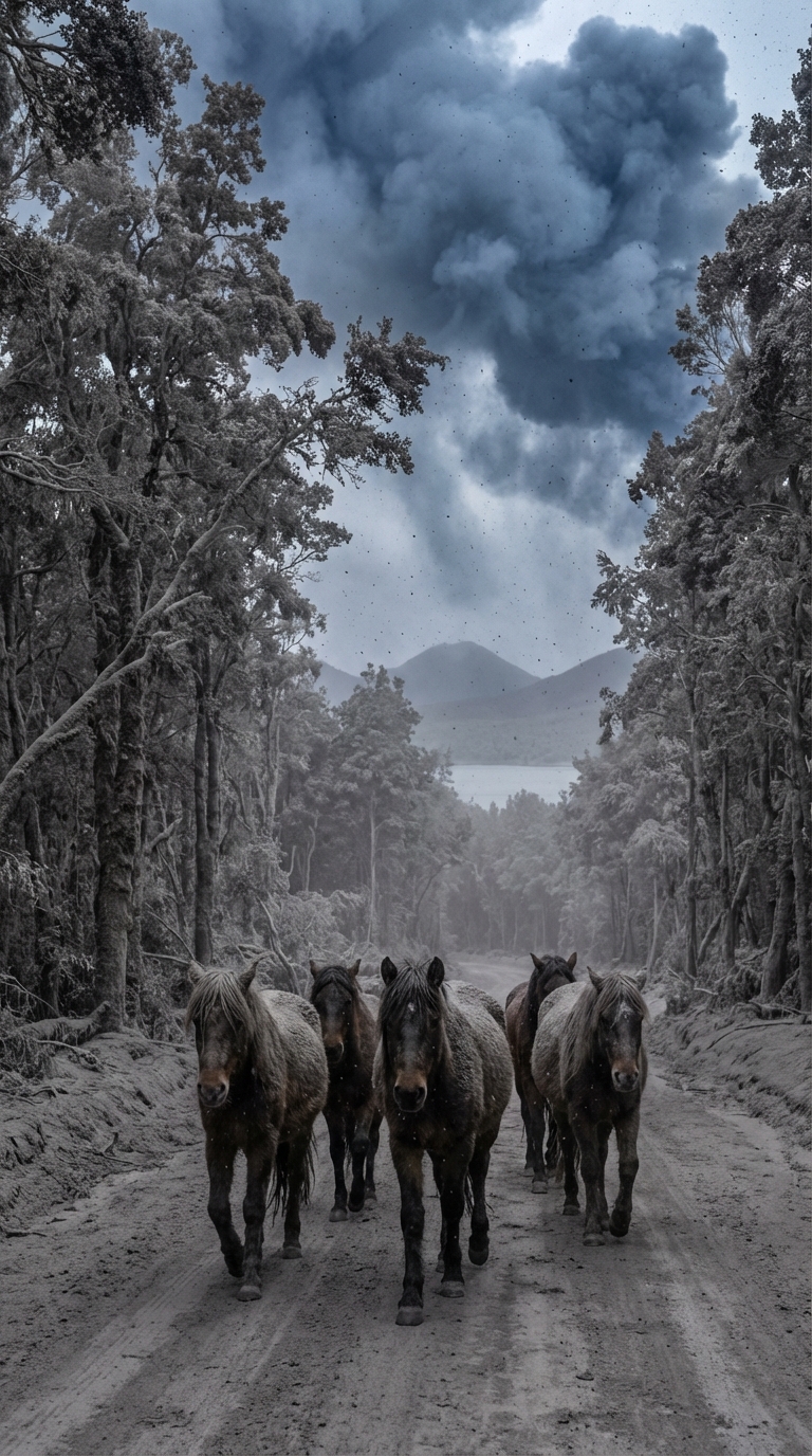 Vertical composition, 9:16, portrait format.
A group of 5 or 6 horses walking along a dirt path, with a forest growing on both sides of the road.
The horses are on the foreground, walking towards the camera, positioned in the middle of the scene.

The background shows small mountains in the distance and a lake further behind.
The entire scene is covered in volcanic ash.
The dirt road is completely covered with ash, and the trees are nearly completely covered in ash — the tops of the trees are coated with it.

The sky is filled with thick volcanic smoke clouds, in dark gray and dark blue tones.
Ash falls from the sky and covers everything, including the horses. The ash is gray in color, with the entire scene enveloped in this thick, gray ash.

Maximum realism, ultra-realistic textures on the horses, trees, ground, sky, and ash.
Photorealistic lighting and textures, creating a dramatic and apocalyptic atmosphere. Cinematic realism.